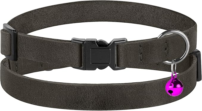Breakaway Cat Collar Leather with Removable Bell - 13 Colors Available - Soft Adjustable Girl Boy Safety Lightweight Pet Kitten Collars Pink Brown Blue Green Red Orange Black (Graphite)-Mewly Pet