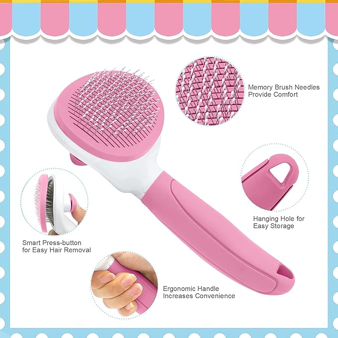 Cat Brushes for Indoor Cats, Dog Brush for Shedding with Metal Cat Comb, Self Cleaning Pet Hair Brush with Release Button for Grooming Kitten(Pink)-Mewly Pet