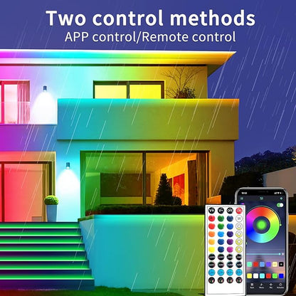 66Ft Outdoor Waterproof LED Strip Lights,Music Sync RGB IP68 Led Lights with App and Remote Control,Color Changing Waterproof RGB Exterior Rope Self Adhesive Back,Balcony,Roof,Garden,Party