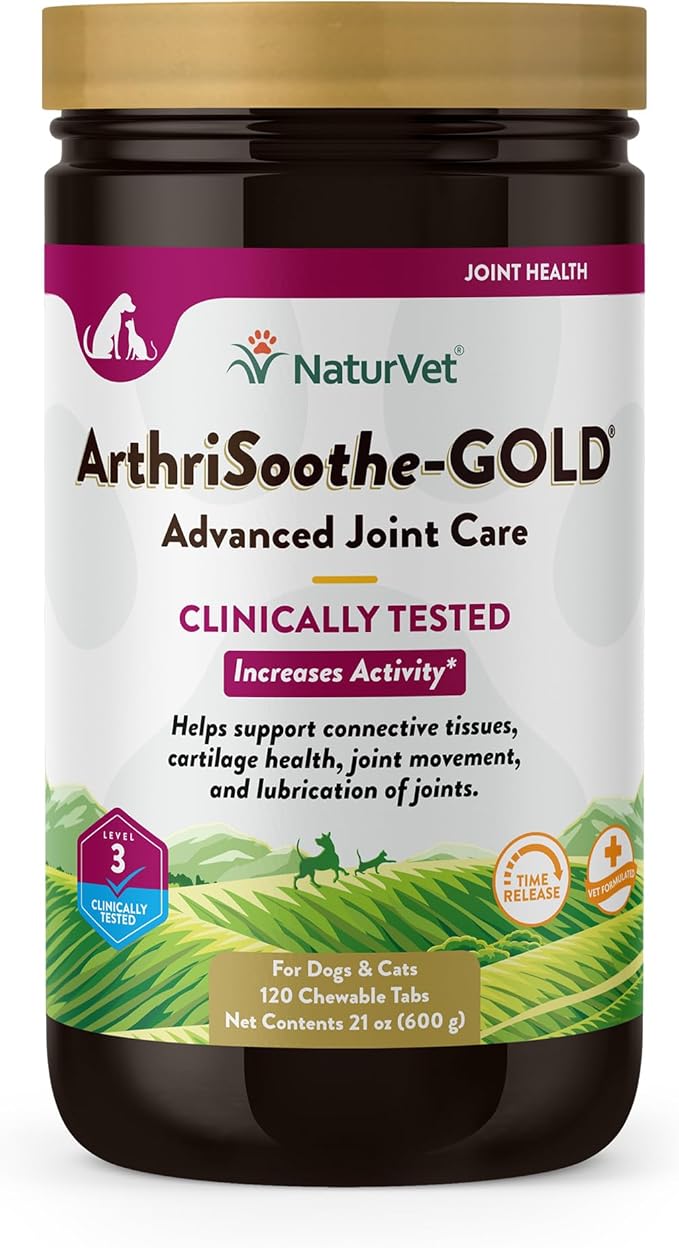 NaturVet – ArthriSoothe-GOLD – Level 3 Advanced Joint Care | Clinically Tested to Support Connective Tissue, Cartilage Health & Joint Movement | Enhanced with Glucosamine, MSM, Chondroitin & Green Lipped Mussel | For Dogs & Cats | 120 Chewable Tablets-Mewly Pet