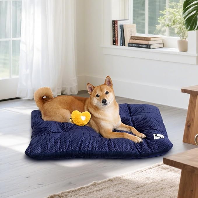FUNNY FUZZY 2 in 1 Dog Bed Crate Pad Mat, Washable Reversible Pet Floor Mats,Fluffy Kennel Pad for Small Large Sized Dog,Indoor Cats,Sleeping Mattress,35.4" × 22.8", Midnight Blue-Mewly Pet