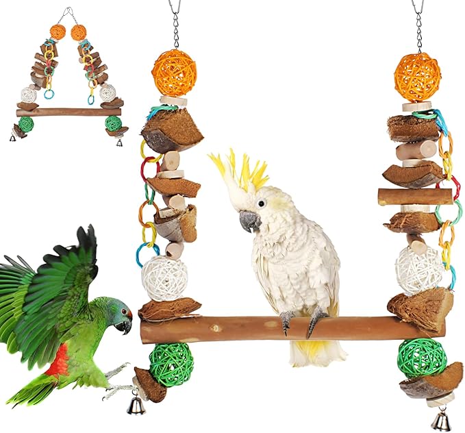 3-in-1 Parrot Toys Natural Coconut Fiber Parrot Hammock (Swing + Perch + Chew Toy) Natural Bird Perches for Medium Large Birds - 23" Bird Toys for Parrots Stand-Mewly Pet