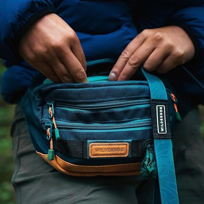 Wilderdog Utility Fanny Pack stores Treats, Balls, Keys in 3 Pockets with adjustable strap and Poop Bag dispenser (Pacific Blue)-Mewly Pet