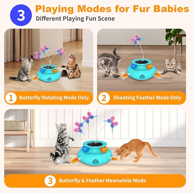 Interactive Cat Toys for Indoor Cats, 3in1 Pet Teaser Toy with Ambush Feather Wand, Fluttering Butterfly and Track Balls, Touch Activated Automatic Kitten Rechargeable Toys-Mewly Pet