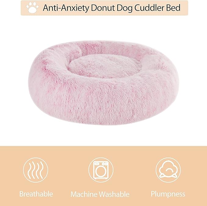 WNPETHOME Calming Dog Bed Cat Bed Donut, Faux Fur Pet Bed Self-Warming Donut Cuddler, Comfortable Round Plush Dog Beds (20 x 20 x 8 Inch, Light Pink)-Mewly Pet