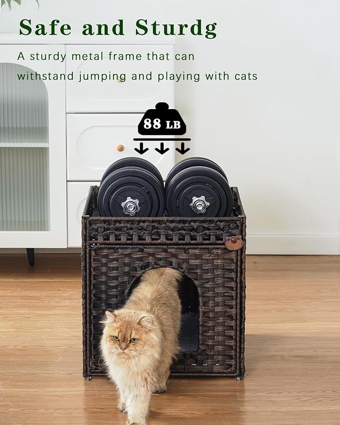 Cat Beds for Indoor Cats Extra Large Double Cat Cave Pet Cube, Handwoven Rattan Cat Houses with Double-Sided Soft Cushions, 18.5 x 20.5 x 19.1 Inches Foldable Hideaway in Living Room Brown-Mewly Pet