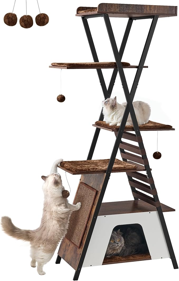FourFurPets 72.4" Modern Cat Tower for Indoor Cats - Multi-Level Condo With Caves, Tall Tree With Scratching Board, Wooden Tower With Large Perch, Removable Pads, Rustic Brown-Mewly Pet