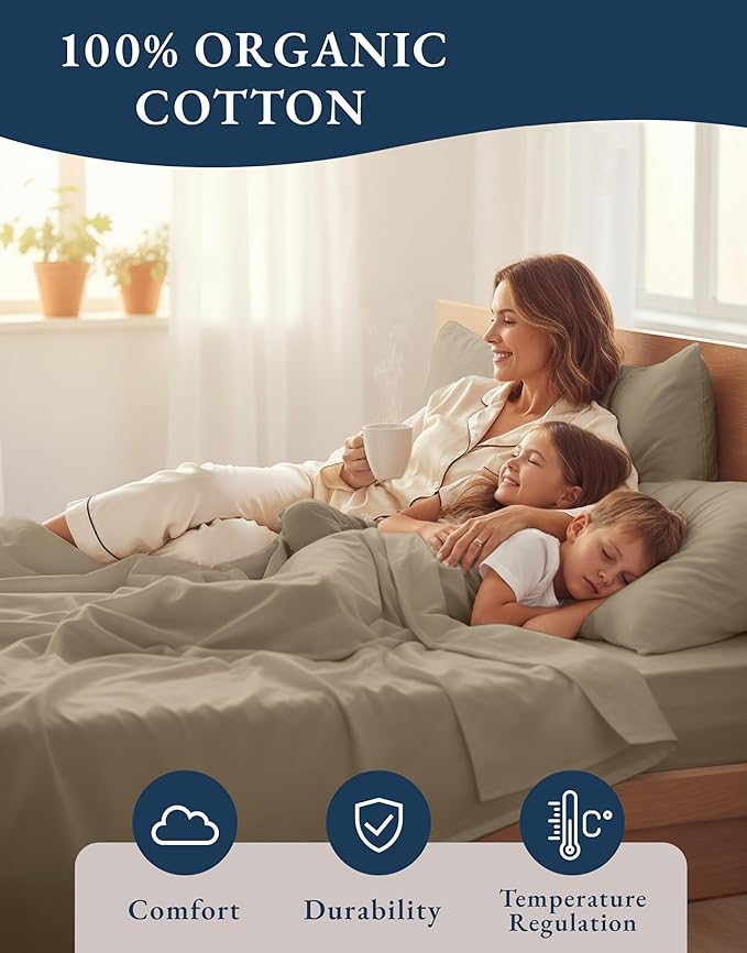 LANE LINEN 100% Organic Cotton Sheets Set Pure Long- Staple Percale Weave - Bedding for Bed Fits Mattress Upto 15" Deep Pocket (Queen Taupe)