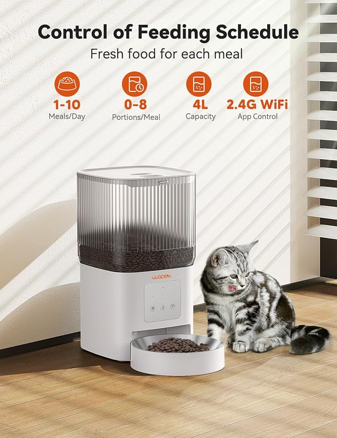 WOPET Automatic Cat Feeder, WiFi Dog Feeder with APP Control for Remote Feeding, Automatic Cat Food Dispenser with 10S Voice Record,1-10 Meals Per Day for Cats and Dogs-Mewly Pet