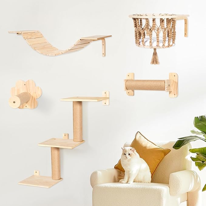 Cat Wall Shelves and Perches, Wall Mounted Cat Furniture with Hammock, Bridge, Tree, Steps and Scratching Posts, Wooden Climbing System for Indoor Large Cats and Kittens-Mewly Pet