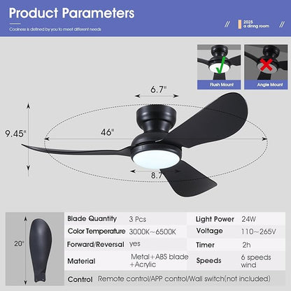 46 Inch Modern Ceiling Fans with Lights, Flush Mount Ceiling Fan with Remote/APP Control, 3 Reversible Curved Blades, 6 Speeds, 3 CCT Dimmable Lights for Bedroom Kitchen, Black