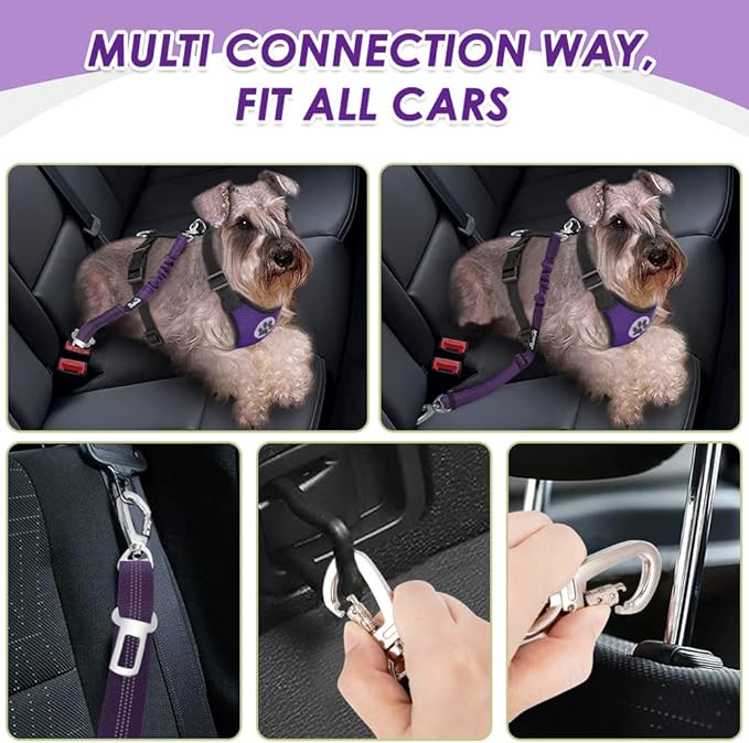 Lukovee Dog Seat Belt for Car, Adjustable Dog Car Harness for Large Medium Small Dogs, Soft Padded & Breathable Mesh Dog Seatbelt with Car Strap and Carabiner(Purple Double Clip,XX-Small)-Mewly Pet