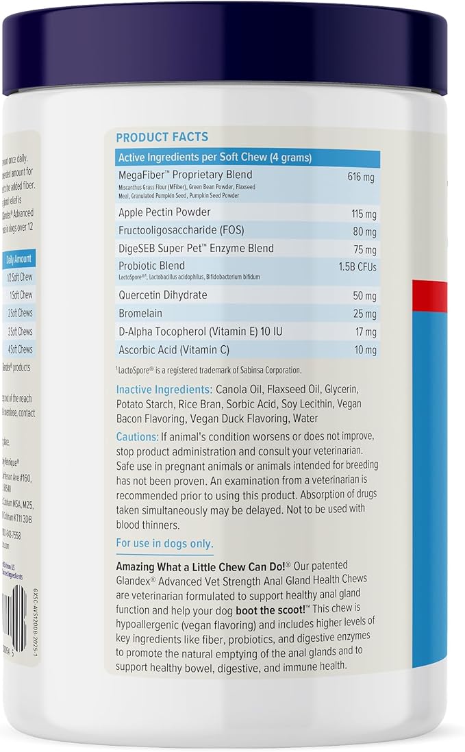 Vetnique Glandex Anal Gland Soft Chew Treats with Pumpkin for Dogs Digestive Enzymes, Probiotics Fiber Supplement for Dogs Boot The Scoot (Advanced Strength Duck/Bacon Chews (Vegetarian), 120 Ct)-Mewly Pet