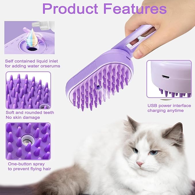 Cat Steam Brush for Shedding, 2025 New 4 in 1 Rechargeable Steam Pet Brushes for Cats & Dogs, Indoor Anti-static Pets Brush for Massage, Cleaning, Shedding & Combing Hair (Purple)-Mewly Pet