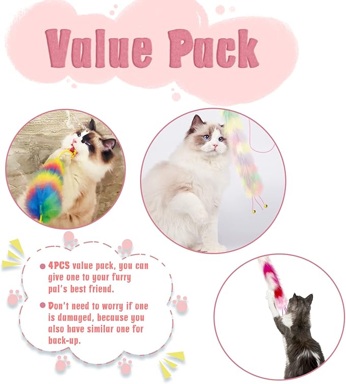 4 Pack Cat Wand Toy, Rainbow Cat Feather Toys with Bells, Teaser Wand with Soft Furry Tail, Interactive Toys for Indoor Cats & Kitten & Kitty-Mewly Pet