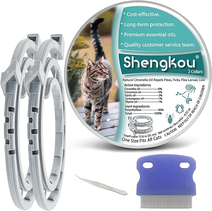 Flea and Tick Collar for Cats - Offers 12-Month Protection, Crafted with Premium Plant Oils, Waterproof, Natural, Safe for Kittens, Includes Free Comb and Tweezers, 13.8 in (2 Packs)-Mewly Pet