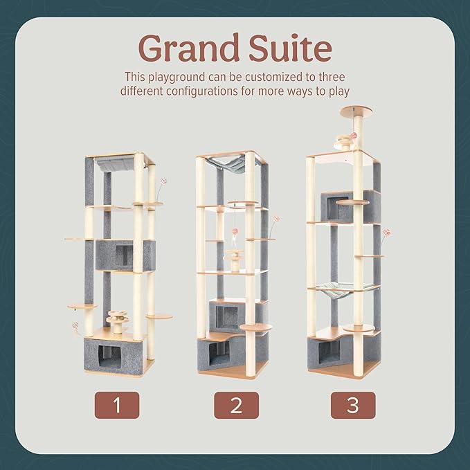 Ascentials - Grand Suite Cat Scratcher Playground - Tall Cat Tower Playground Structure, Sisal Scratching Areas, Grey Felt, Bamboo Veneer w/Linen & Velvet Surface Areas-Mewly Pet