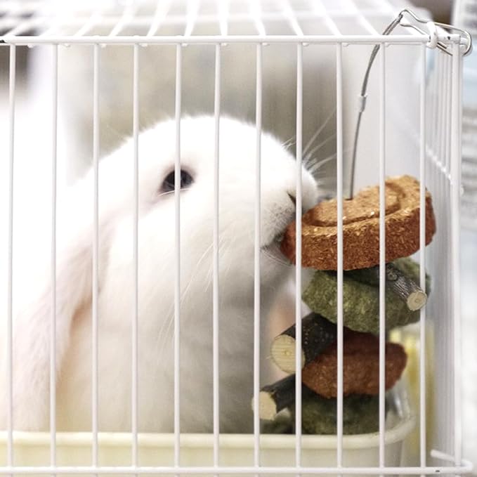Rabbit Chew Toy,Bunny Chew Toys for Teeth Grinding,Natural Apple Branch Teething Sticks with Hay Grass Cake Improve Dental Health Bunny Hanging Chew Toys for Rabbits,Chinchillas,Hamster (4 Pcs)-Mewly Pet