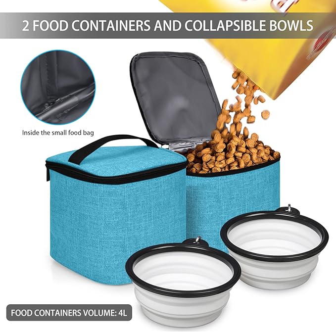 BAGLHER Pet Travel Bag, Double-Layer Pet Supplies Backpack (for All Pet Travel Supplies), Pet Travel Backpack with 2 Silicone Collapsible Bowls and 2 Food Baskets Sky Blue-Mewly Pet