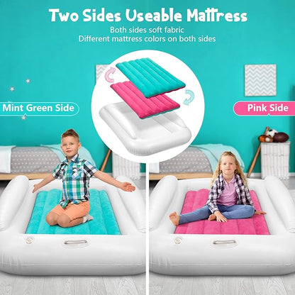 Inflatable Toddler Travel Bed, Portable Toddler Bed | Kids Air Mattress with Sides | Reversible 2 Colors Kids Blow Up Mattress -Mint Green & Pink