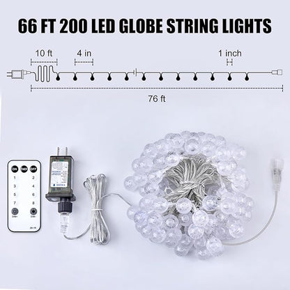 Minetom Crystal Globe String Lights Plug in - 66 ft 200 LED Globe Fairy String Lights with Remote and Timer, Waterproof for Bedroom Tent Loft Bed Window Porch Patio Wedding Holiday Decor, Warm White