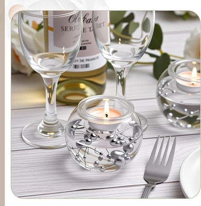 8 Pcs Glass Clear Votive Floating Candle Holders with 8 Pcs Bright Pearl String Beads, Tealight Bowl Candle Holder Bulk for Wedding Centerpiece Home Bridal Shower Party Decor (Silver)