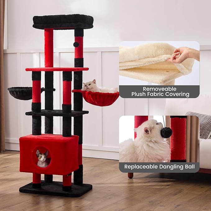 Gardner Pet 65in Heavy Duty Cat Tree Tower for Large Cats, Multi-Level Cat Furniture with Replaceable Sisal Scratching Post, Hammock | Extra-Large Platform & Condo (Black Red, Basic φ:2.84")-Mewly Pet