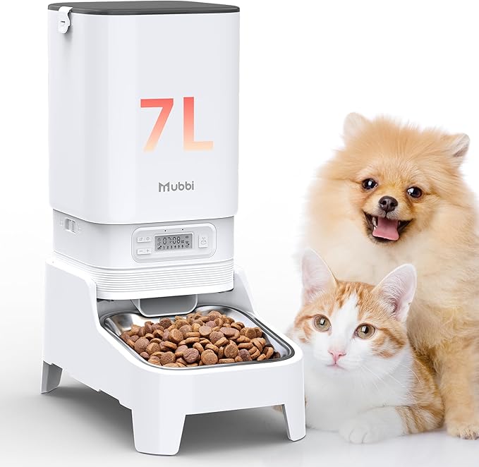 Automatic Cat Feeders, 7L/29 Cups Automatic Dog Feeder, Cat Food Dispenser, No-Jam Rotor, Up to 6 Meals for 2-15 mm Dry Food, with Elevated Stand, Stainless Steel Bowl-Mewly Pet
