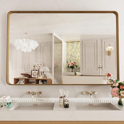 LOAAO 55X36 Inch Bathroom Mirror with Wood Grain Colored Metal Frame, Rounded Rectangle Metal Framed Bathroom Mirror, Anti-Rust, Hangs Horizontally or Vertically, Tempered Glass
