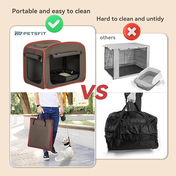 Petsfit Portable Cat Crate with Litter Box and Soft Cushion, Collapsible Pop Up Cat Kennel with Carrying Bag for Travel-Mewly Pet