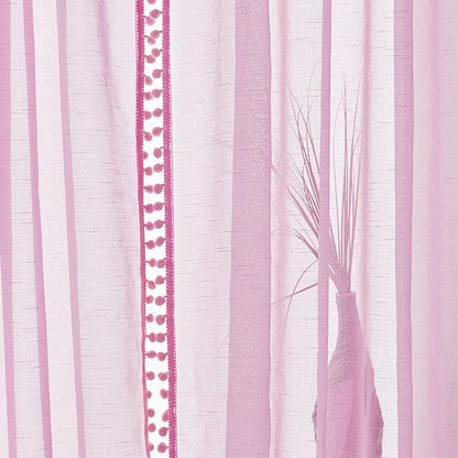 Treatmentex Pom-Pom Pink Sheer Curtains for Girl's Room 95 inches Linen Textured Look Red Sheer Window Draperies for Bedroom Living Room, 52" w x 2 Panels, Rod Pocket