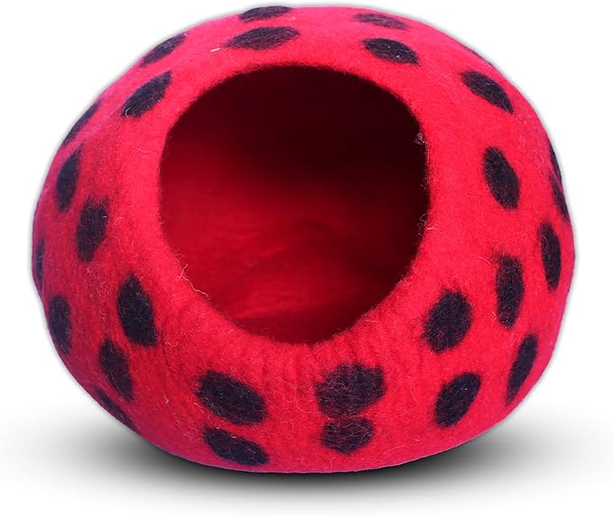 Woolygon Premium Felt Cat Cave Bed - Polka Dot Series - Wool Kitty Beds Handcrafted Kitten Caves Bed for Indoor Cats - Eco-Friendly Merino Wool, Foldable Cat Hideaway Cat Houses (Red/Black Dots)-Mewly Pet