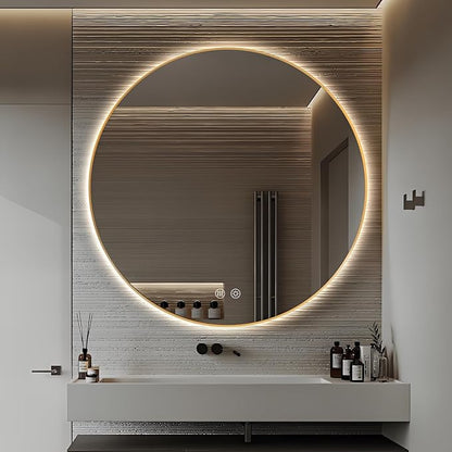 Niccy Round Led Mirror for Bathroom, 40" Backlit Mirror for Wall Circle Lighted Mirror with Gold Frame Anti-Fog, 3 Colors, HD Glass and IP65 Waterproof