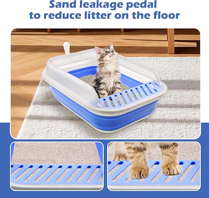 High Sided Cat Litter Box, Anti-Splashing Low Entry Cats Litter Pan with Scoop Collapsible Foldable Shallow Kitten Potty Toilet Waterproof Cat Travel Litterbox Semi-Enclosed Easy Clean(Blue)-Mewly Pet