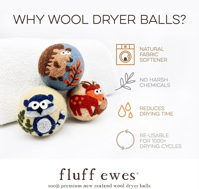 Fluff Ewes Wool Dryer Balls 3 Pack Premium New Zealand Wool Laundry Balls for Dryer, No Static Dryer Balls Laundry Reusable, XL Hedgehog Dryer Balls, Baby Dryer Balls for Dryers - Hedgehog and Homies-Mewly Pet