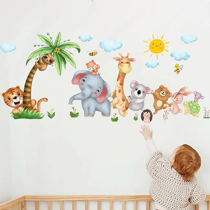 Jungle Animal Wall Stickers Forest Safari Wall Decals Kid Room Nursery Baby Bedroom Décor (Happy Queuing Animals)