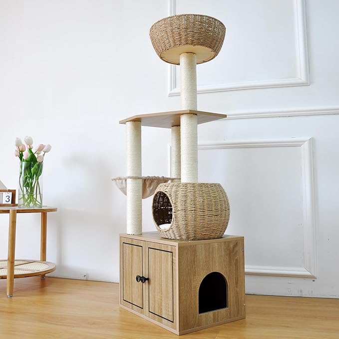 56.7" Tall Rattan Cat Tree for Indoor Cats, Multi-Level Wooden Cat Tower with Scratching Posts, Large Cat Climbing Furniture with Perches-Mewly Pet
