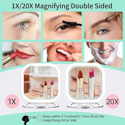 FASCINATE 20X Magnification Rechargeable Travel Makeup Mirror, 7" Lighted Portable Vanity Mirror with 3 Colors Lighting & Stepless Dimming, Double Sided LED Mirror, Gift for Women (White)