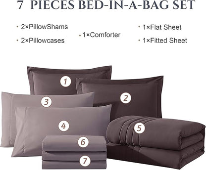 Monbix Queen Comforter Set - 7 Pieces ltalian Plum Bed in a Bag Queen Bedding Sets with Comforters, All Seasons Down Alternative Comforter Bed Set with Sheets,Pillowcases & Shams