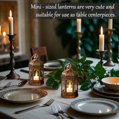 LLQ 12Pcs Mini Lantern with LED Tea Light, Garden Fairy Party Decorations, Battery Included, Vintage Lanterns Decorative, Hanging Candle Lanterns for Halloween Christmas Wedding Table Centerpiece