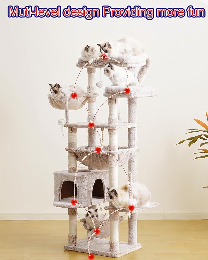 Cat Tree, Cat Tower for Large Cats with 2 Big Platforms, 2 Baskets, condo and Toys, 63" Cat Scratching Posts for Indoor Cats, Muchroom GCT020MU-Mewly Pet