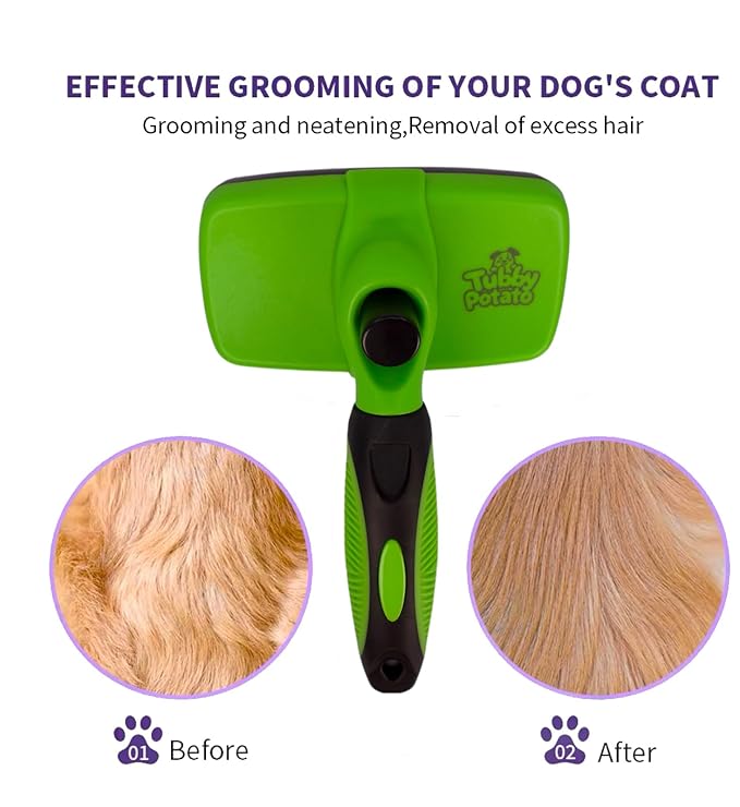 Tubby Potato™ Self Cleaning Slicker Brush - Deshedding Brush for Long and Short Haired Pets. Comfortable and Safe for Senitive Skin. Great for Dogs, Cats, and other Small Animals- Green-Mewly Pet