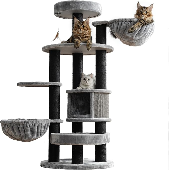 Extra Large Cat Tree for Maine Coon,65 Inches Tall Cat Tree Tower for Indoor Cats Large Adult 20 lbs,XXL Heavy Duty Luxury Sturdy Cat House with Big Hammock,Sisal Scratching Post,Condo-Mewly Pet