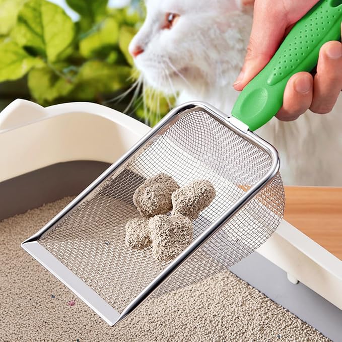 Cat Litter Scoop,Sturdy Litter Cleaner Corner Shovel,Stainless Steel Mesh Litter Shovel,Easy to Clean Reptile Terrarium Sand Waste,Beach Shovel(Green)-Mewly Pet