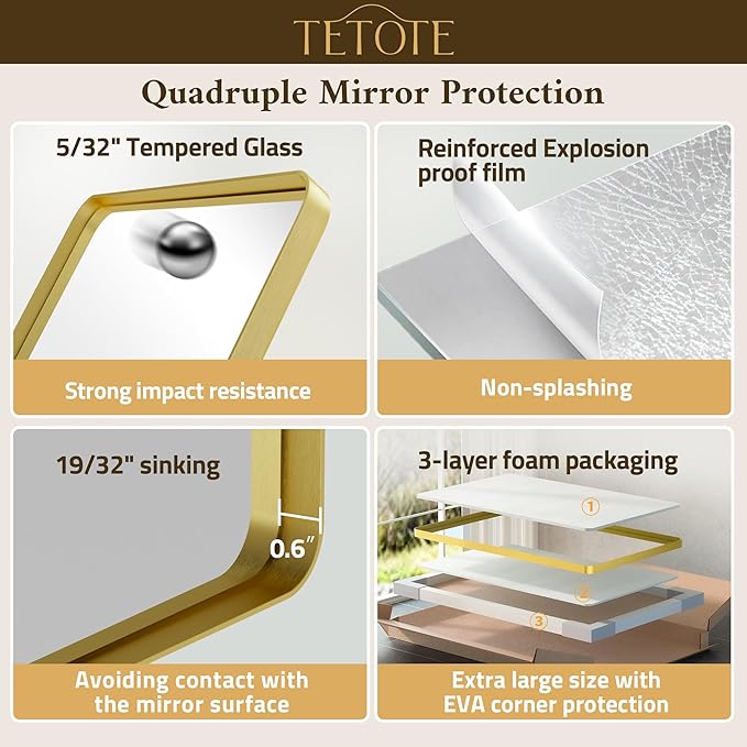 TETOTE Gold Framed Mirror 48 x 30 Vanity Mirrors for Wall Decor Brushed Gold Bathroom Mirrors, Tempered Glass, Modern Farmhouse Wall Mounted Mirror for Decorative(Horizontal/Vertical)