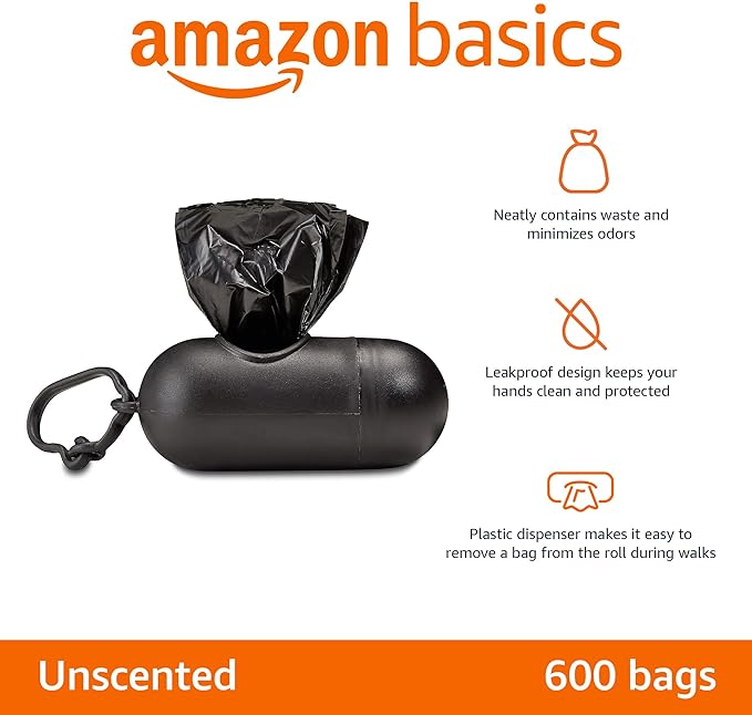Amazon Basics Dog Poop Bags with Dispenser, 600 Count, Enhanced for Guaranteed Leakproof, Unscented, Includes Leash Clip-Mewly Pet