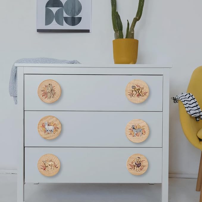 8Pack1.8 Safari Animals Wooden Cabinet Knob Elephant Giraffe Lion Zebra Theme Nursery Room Dresser Drawer Handle Pulls and Knobs