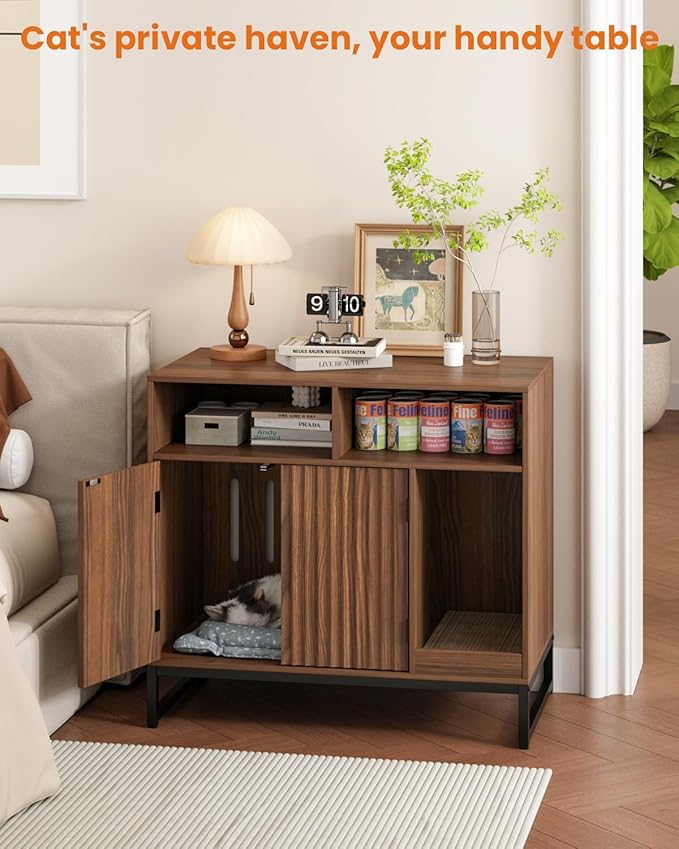 Cat Litter Box Enclosure, Large Hidden Pet Storage Cabinet Furniture with Waveform Fluted Doors & Scratching Pad, Modern Wooden Cat House Indoor for Washroom, Living Room, Bedroom, Rustic Brown-Mewly Pet