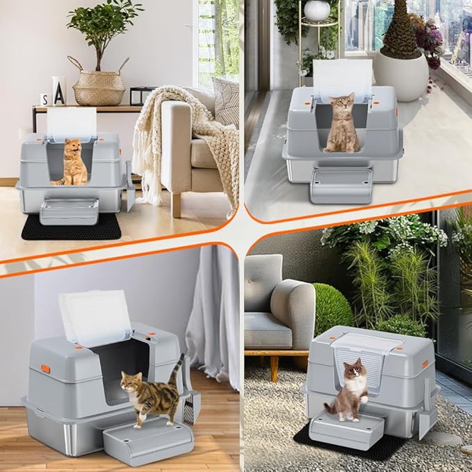 Vivifying Stainless Steel Litter Box with Lid, XL Side Entry Extra Large Litter Box for Big Cats & Kitty, Removable Enclosed Metal Cat Pan with High Sided Enclosure, Scoop, Mat, Footboard (Gray)-Mewly Pet