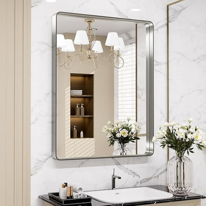 LOAAO 28X36 Inch Brushed Nickel Bathroom Mirror, Rounded Rectangle Silver Metal Frame Mirror, Brushed Nickel, Anti-Rust, Shatter Proof, Hangs Horizontally or Vertically